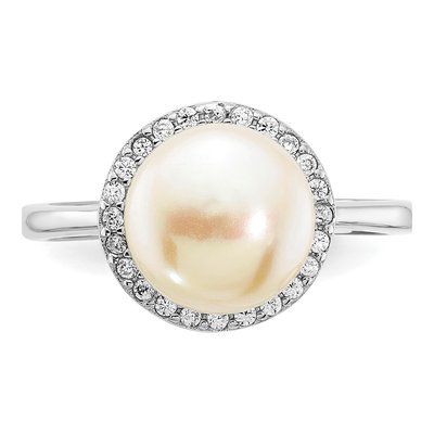 Sterling Silver Freshwater Cultured Pearl & CZ Button Ring – view 4