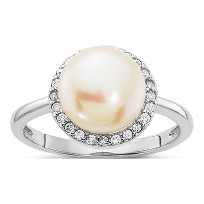 Sterling Silver Freshwater Cultured Pearl & CZ Button Ring