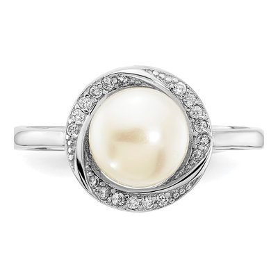 Sterling Silver Freshwater Cultured Pearl & CZ Button Ring – view 4
