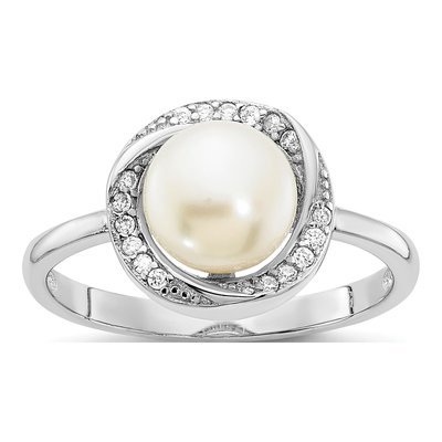 Sterling Silver Freshwater Cultured Pearl & CZ Button Ring