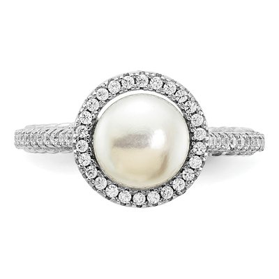 Sterling Silver Freshwater Cultured Pearl & CZ Button Ring – view 4