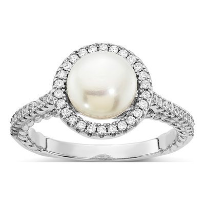 Sterling Silver Freshwater Cultured Pearl & CZ Button Ring
