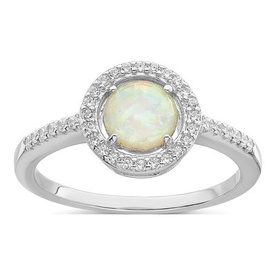Sterling Silver Lab-Created Opal & CZ Halo Ring