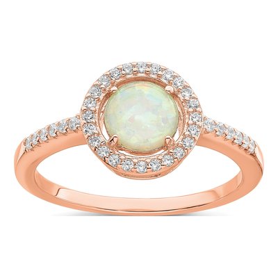 Rose Gold-Plated Sterling Silver Lab-Created Opal & CZ Halo Ring