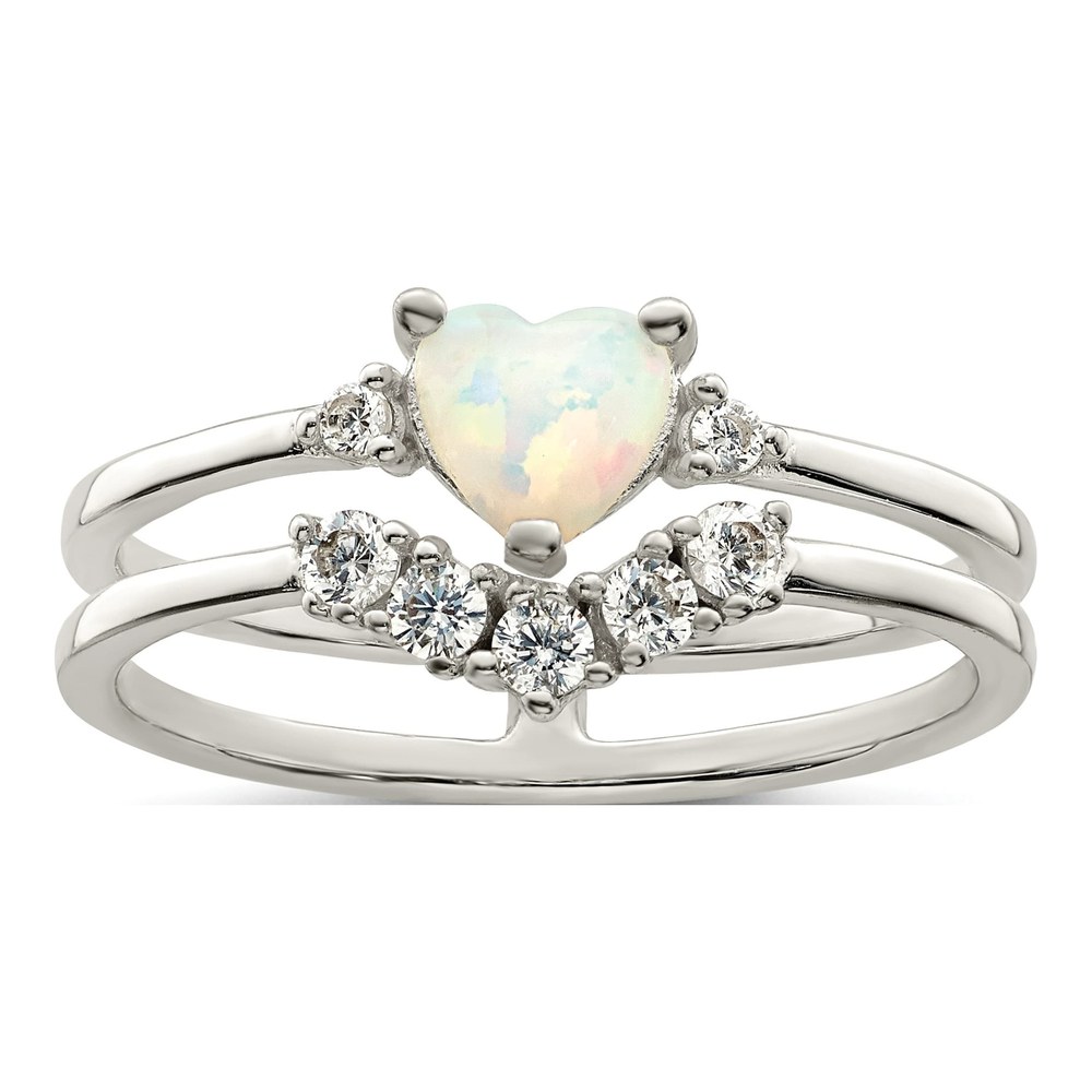 Sterling Silver CZ & Lab Opal Heart Double Band Ring