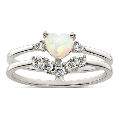 Sterling Silver Lab-Created Opal & CZ Heart Double Ring