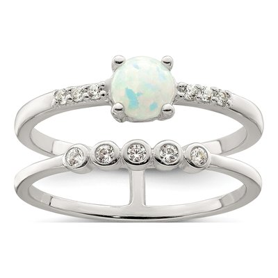 Sterling Silver Lab-Created Opal & CZ Double Ring