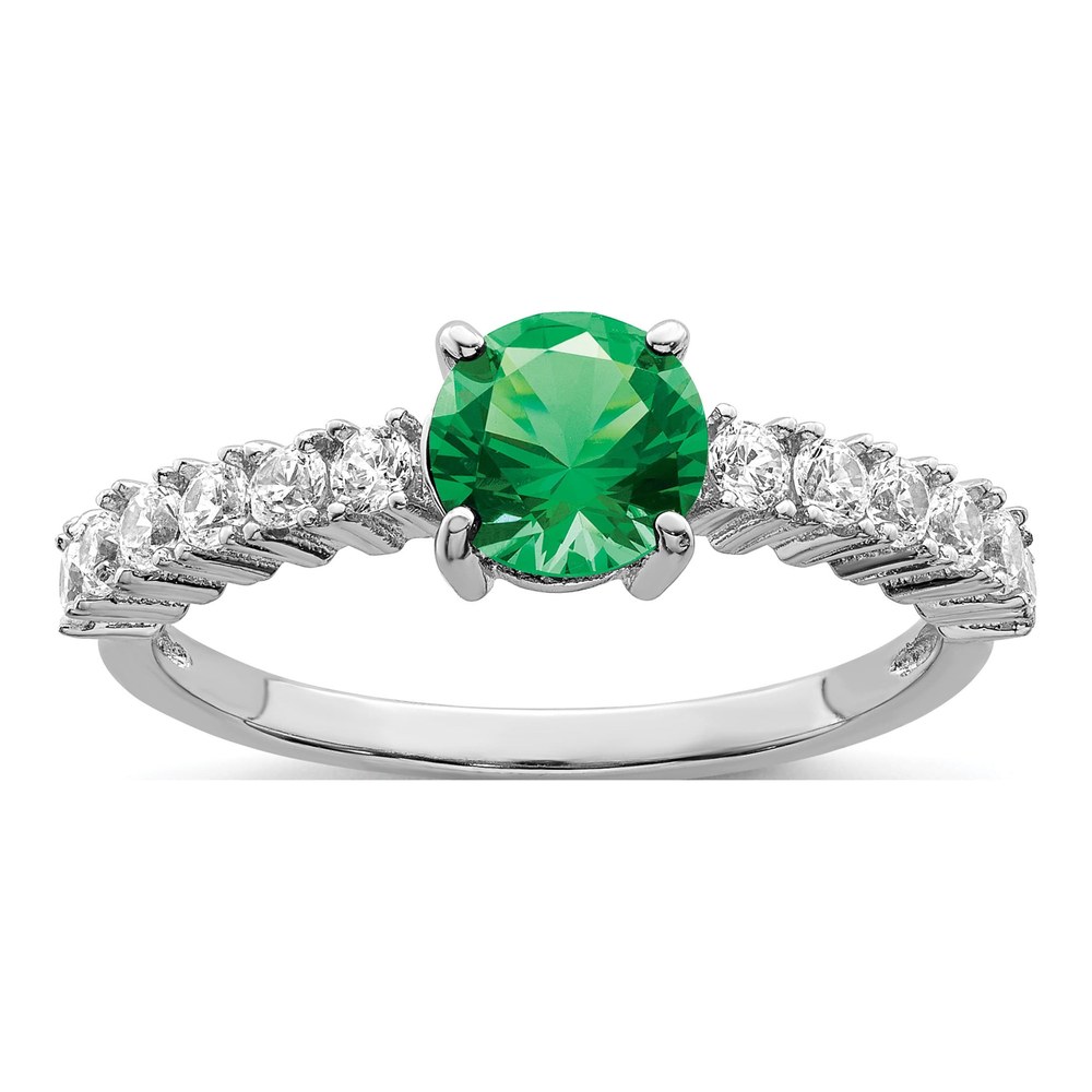 Sterling Silver Polished Rhodium-Plated Green And Clear Cz Ring