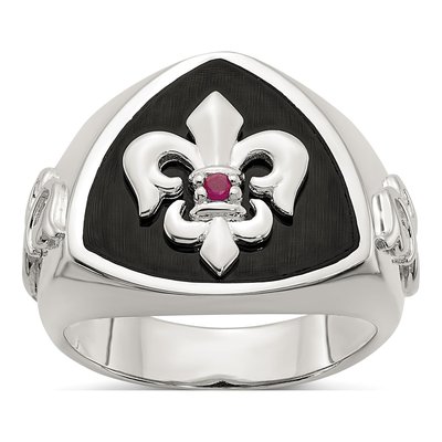 Men's Sterling Silver Agate & Ruby 03Ruby Fleur de Lis Ring