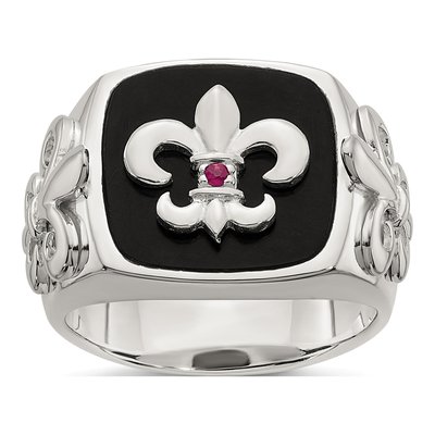 Men's Sterling Silver Agate & Ruby Fleur de Lis Ring