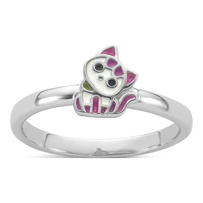 Sterling Silver Girl's Enamel Cat Ring