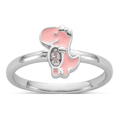 Sterling Silver CZ Girl's Enamel Dinosaur Ring