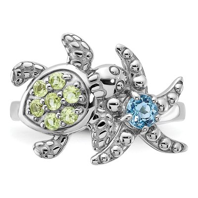 Sterling Silver Swiss Blue Topaz & Peridot Turtle Starfish Ring – view 4