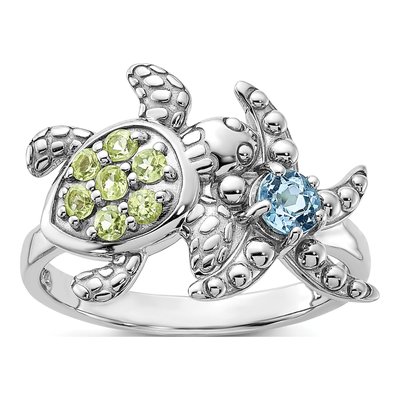 Sterling Silver Swiss Blue Topaz & Peridot Turtle Starfish Ring