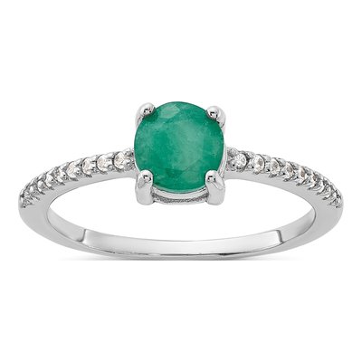 Sterling Silver Emerald & White Topaz Rh-Plated-Plated 12WT Ring
