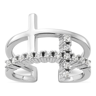 Sterling Silver CZ Double Cross Ring