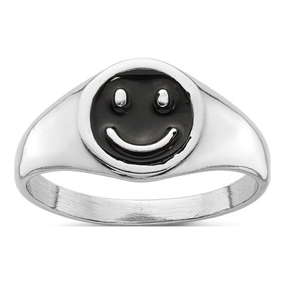 Sterling Silver Black Enamel Smiley Face Ring