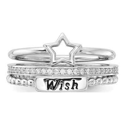 Sterling Silver CZ Star & WISH Stackable Ring Set – view 5