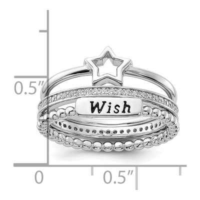Sterling Silver CZ Star & WISH Stackable Ring Set – view 6