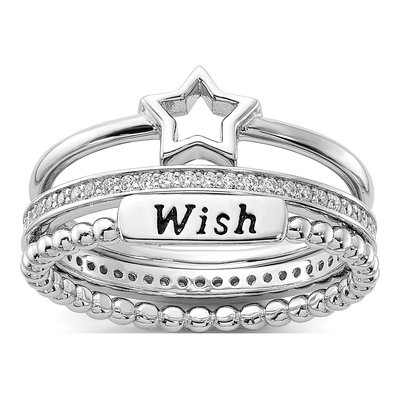 Sterling Silver CZ Star & WISH Stackable Ring Set
