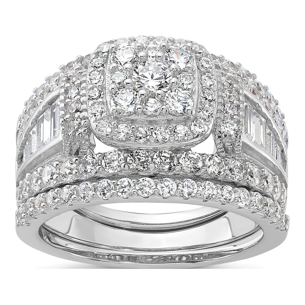 Sterling Silver Rhodium-Plated Cz Engagement Ring With 2 Bands 3 Ring Set