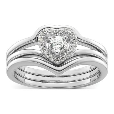 Sterling Silver CZ Heart & Band Three-Ring Set