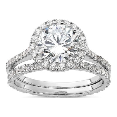Sterling Silver CZ Halo Engagement & Eternity Ring Set