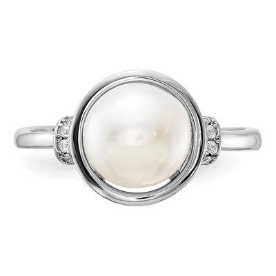Sterling Silver Freshwater Cultured Pearl & CZ Circle Ring – view 4