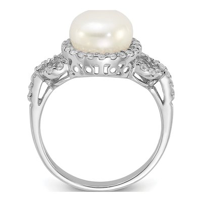 Sterling Silver Freshwater Cultured Pearl & CZ Button Ring – view 2