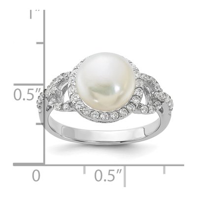 Sterling Silver Freshwater Cultured Pearl & CZ Button Ring – view 5