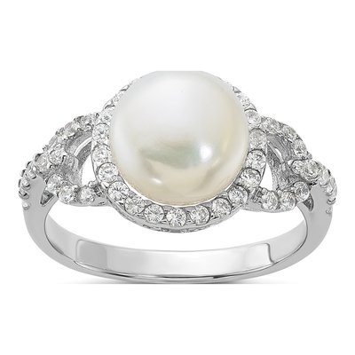 Sterling Silver Freshwater Cultured Pearl & CZ Button Ring