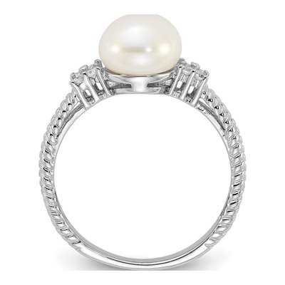 Sterling Silver Freshwater Cultured Pearl & CZ Button Ring – view 2