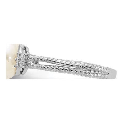 Sterling Silver Freshwater Cultured Pearl & CZ Button Ring – view 3