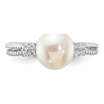 Sterling Silver Freshwater Cultured Pearl & CZ Button Ring – view 4