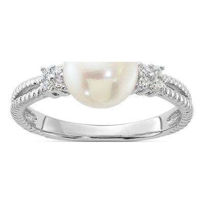 Sterling Silver Freshwater Cultured Pearl & CZ Button Ring