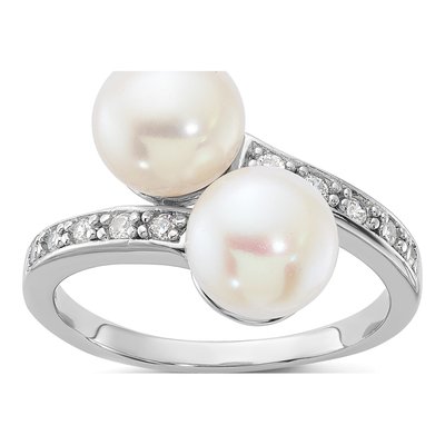 Sterling Silver Freshwater Cultured Pearl & CZ Bypass Ring