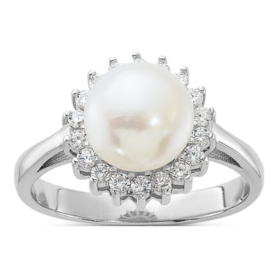Sterling Silver Freshwater Cultured Pearl & CZ Ring