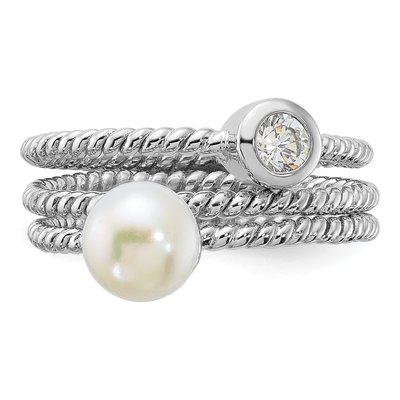 Sterling Silver Pearl & CZ 3-Ring Set – view 4