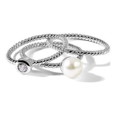 Sterling Silver Pearl & CZ 3-Ring Set – view 7