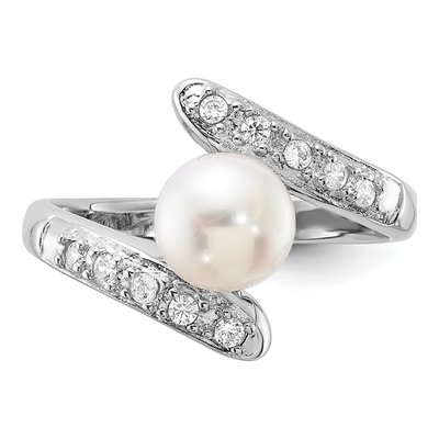 Sterling Silver Freshwater Cultured Pearl & CZ Bypass Ring – view 4