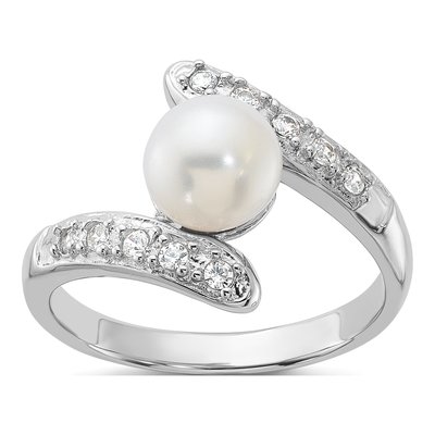 Sterling Silver Freshwater Cultured Pearl & CZ Bypass Ring