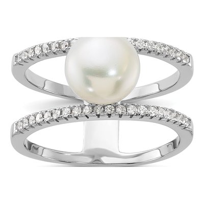 Sterling Silver Freshwater Cultured Pearl & CZ Ring