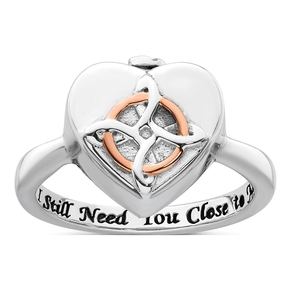 Sterling Silver Rhodium-Plated With Rose-Tone Circle Celtic Heart I Still Need You Close To Me (inside) Ash Holder Size 6 Ring