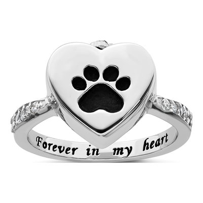 Sterling Silver CZ Paw Print Heart Ash Holder Ring