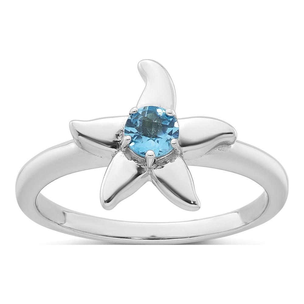 Sterling Silver Rhodium-Plated Polished Round Light Swiss Blue Topaz Starfish Ring