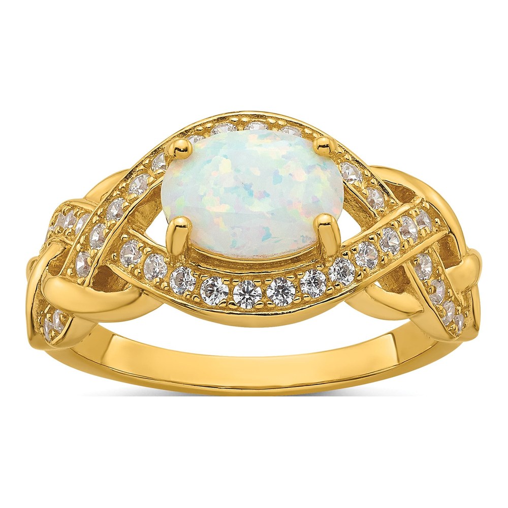 Sterling Silver Gold-Tone Polished Cz And Lab Created Opal Size 6 Twisted Ring