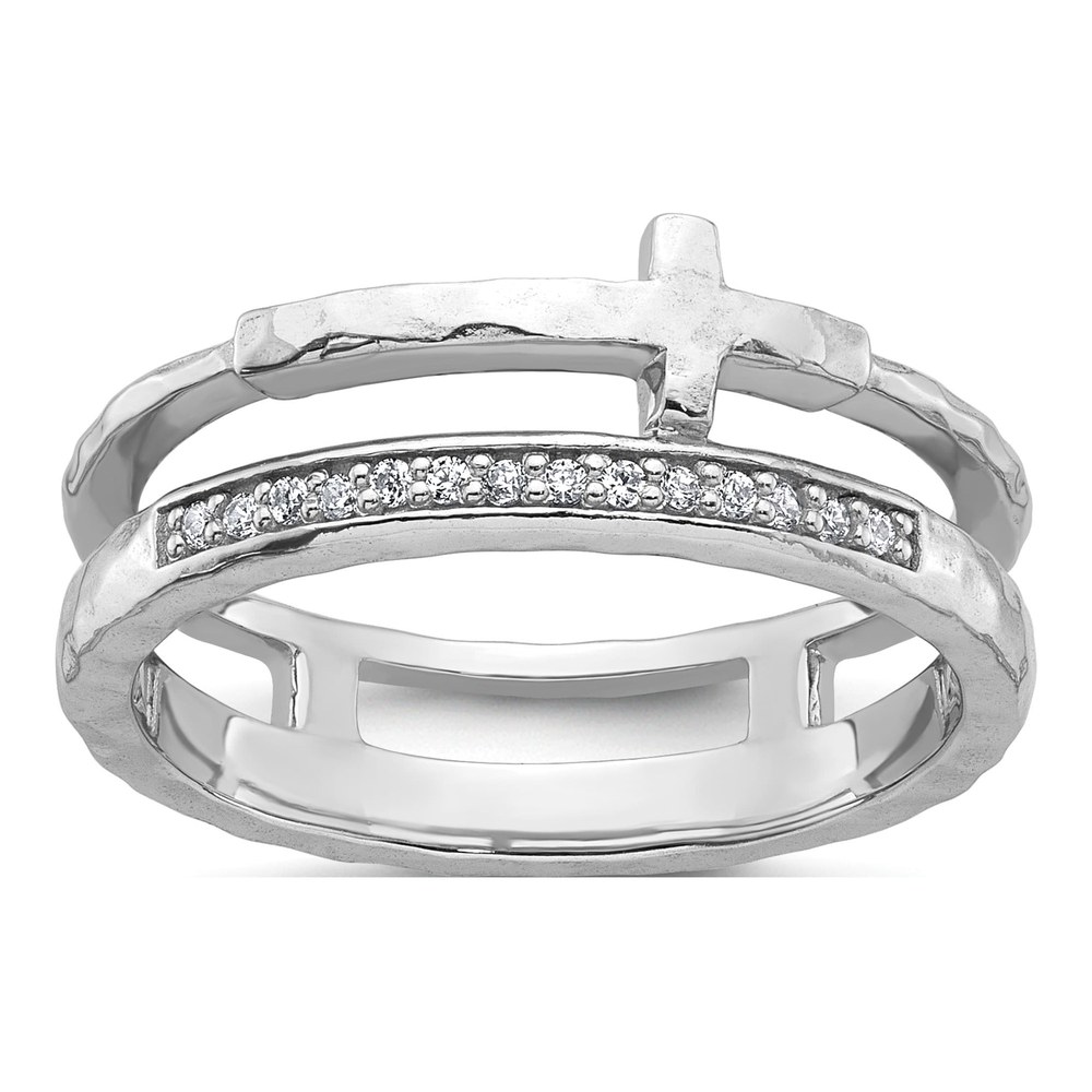 Sterling Silver Rhodium-Plated Polished Cz And Hammered Cross Double Band Size 6 Ring