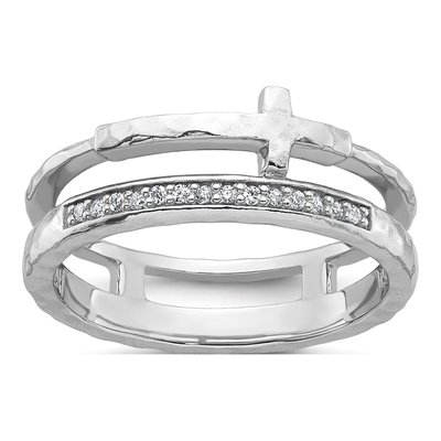 Sterling Silver CZ Hammered Cross Ring