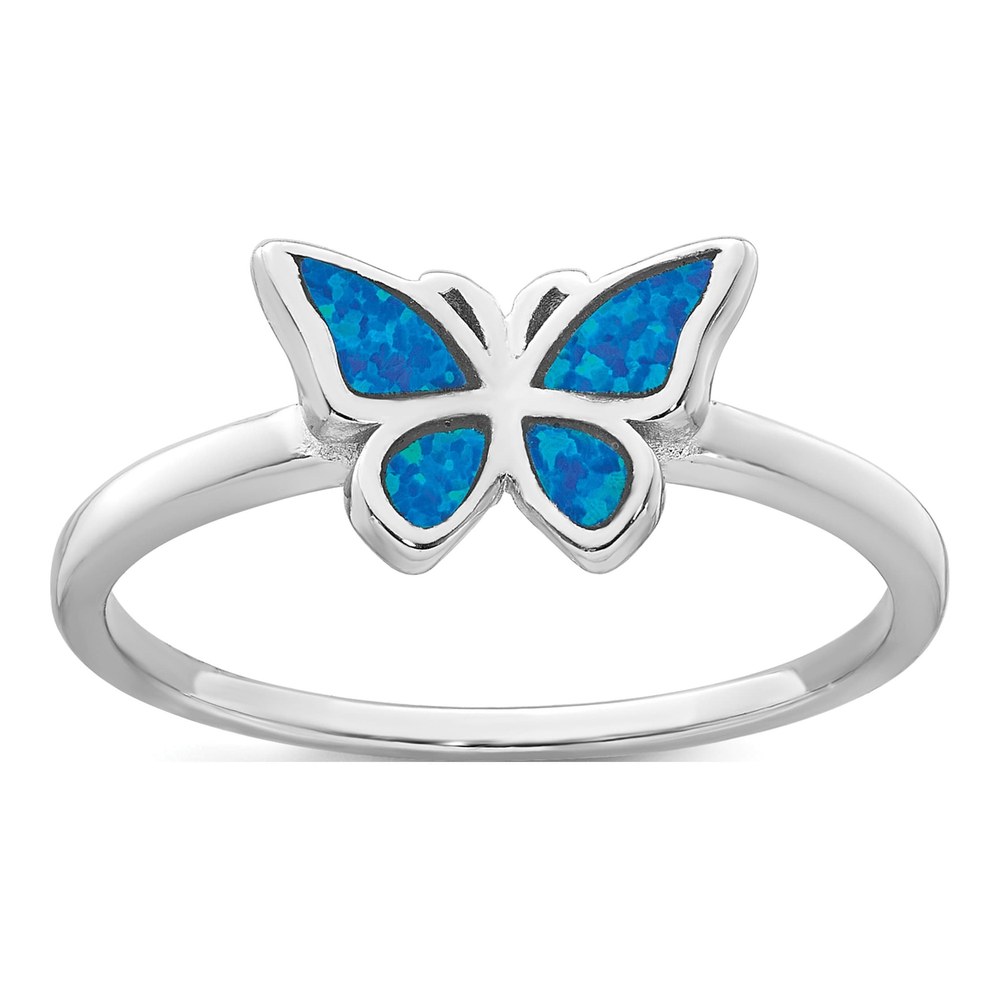 Sterling Silver Rhodium-Plated Polished Blue Lab Created Opal Butterfly Size 6 Ring