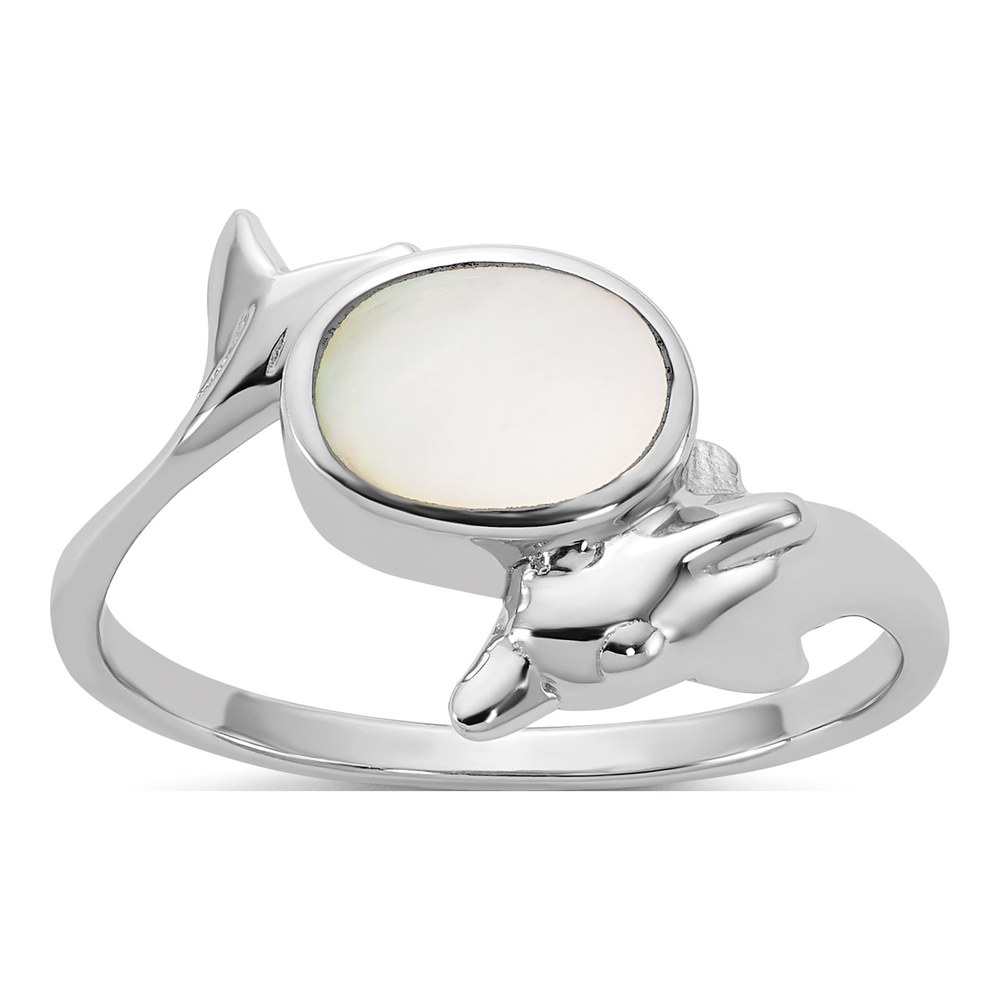 Sterling Silver Rhodium-Plated Polished Oval Mother Of Pearl And Dolphin Size 6 Ring